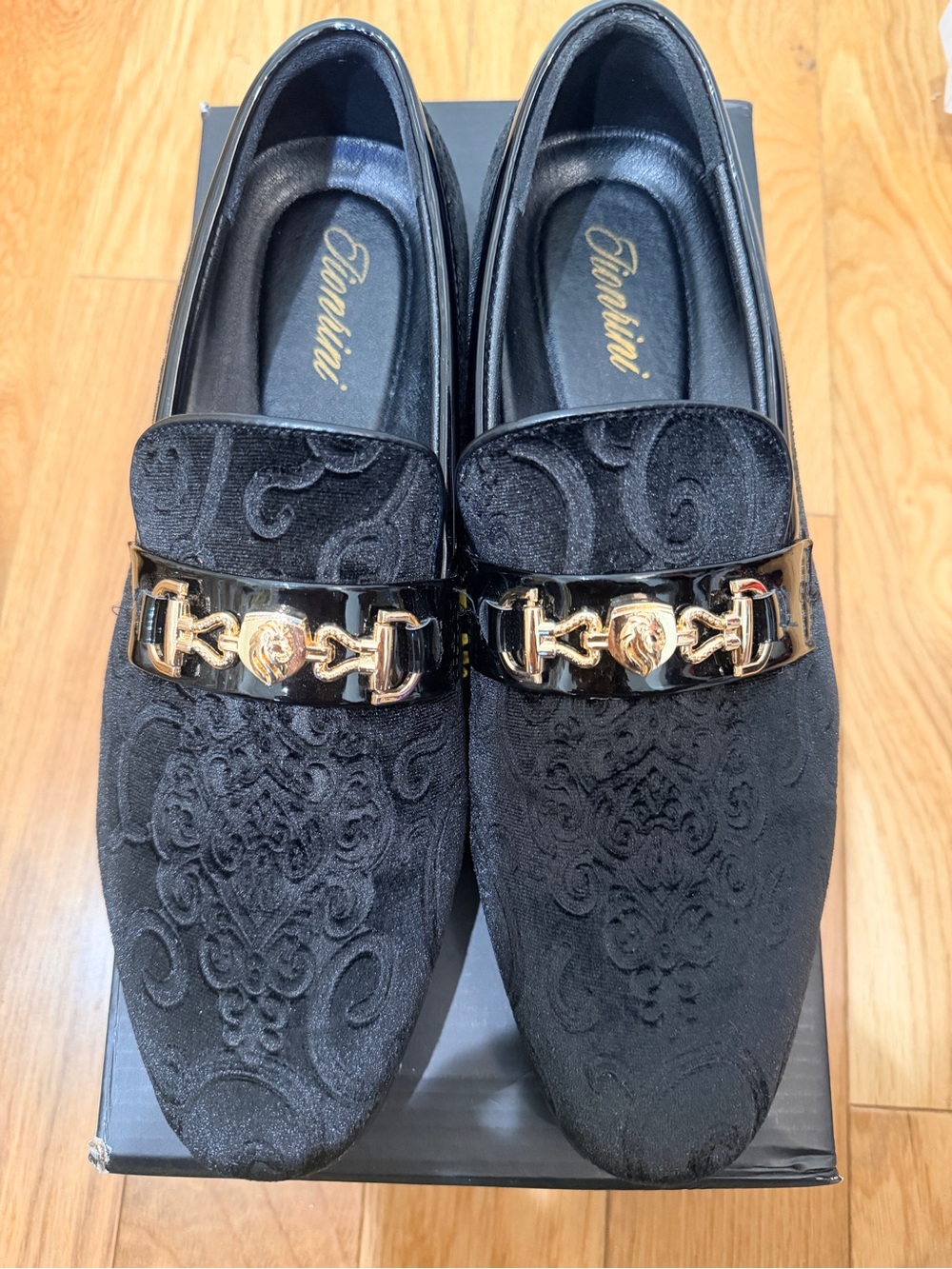 Men’s Black Embossed Velvet Loafers with Gold Accent